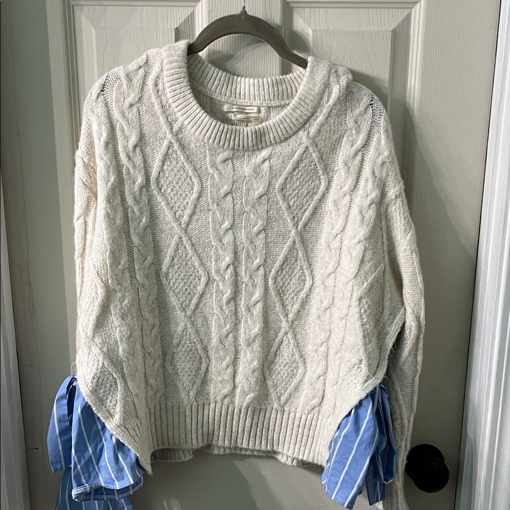 Anthropologie Cream Cable Knit Sweater with Blue Accents